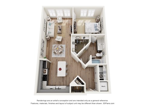 A 3D floor plan of a small apartment with a kitchen, living room, and bathroom.